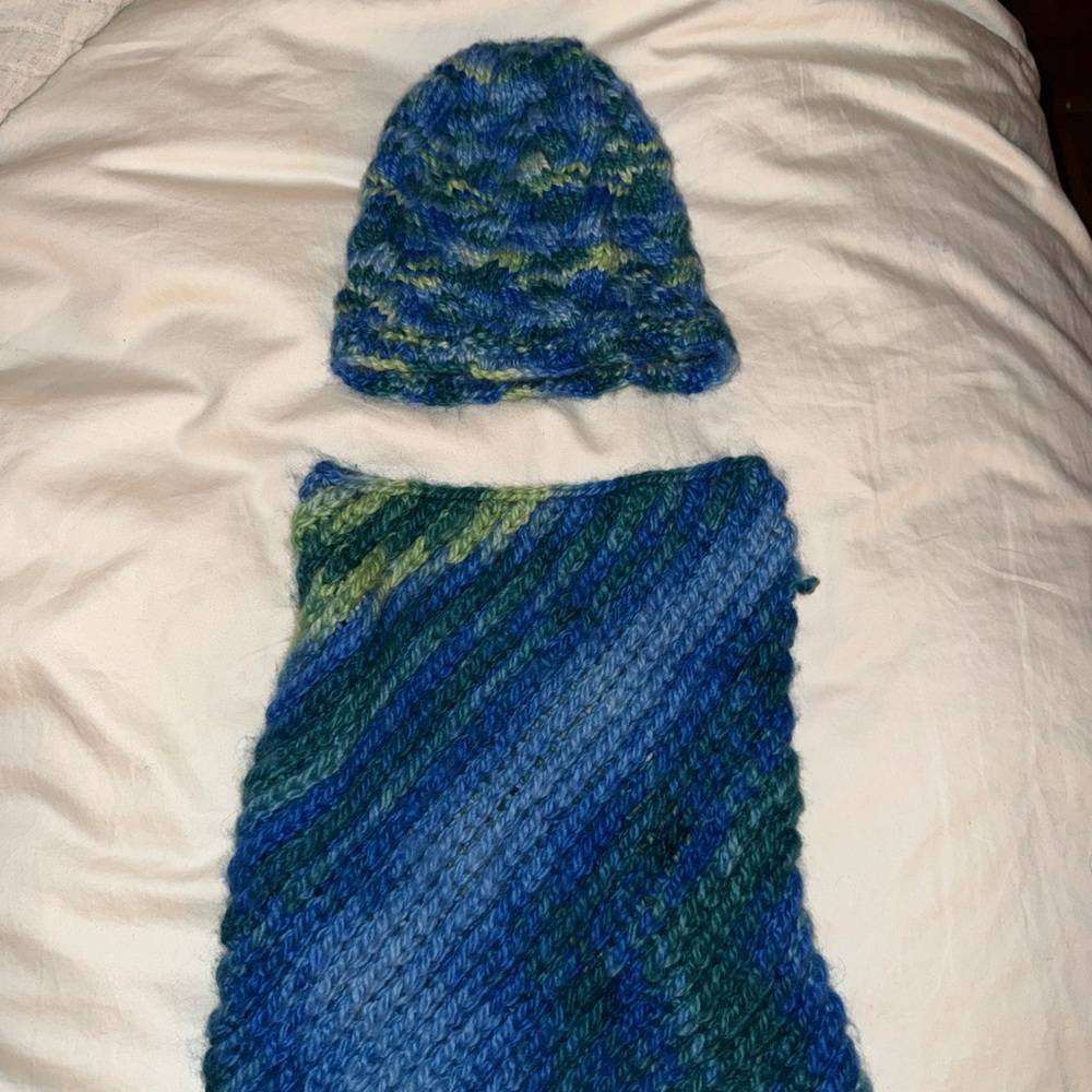 Blue and Green Knit Hat and Scarf Set